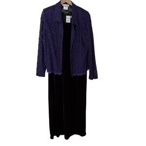 Lady Dorby Vintage Woman's Size 14W Black Velvet Dress Purple Lace Button Up